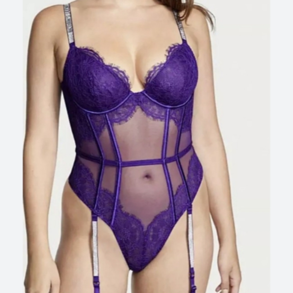 Victoria Secret Purple Shine Strap Lace Teddy Nwts Size Xl
